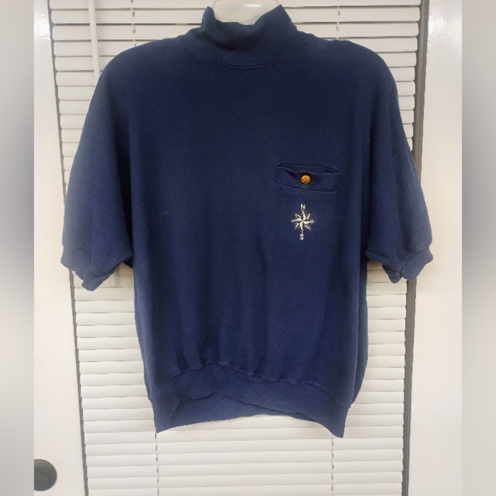 VTG 90s Karen Scott Navy Mock Neck Sweatshirt Nautical Compass Coastal Preppy M